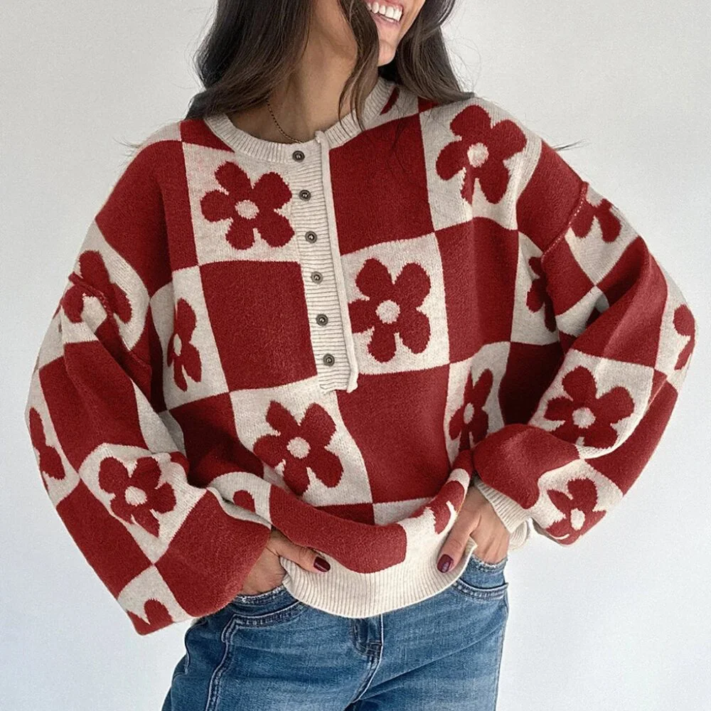 B355 Red Dahlia Flower Plaid Henley Baggy Sweater - Picture 3 of 3